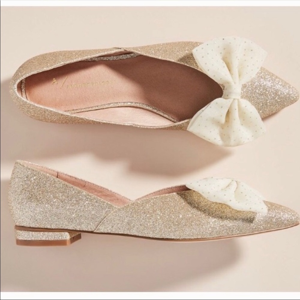 Anthropologie gold glitter bow flats 7.5 new 🌟🌟